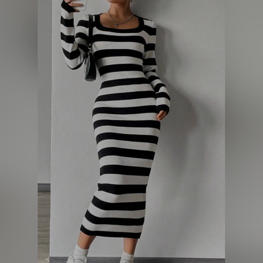SHEIN Black and White Long Sleeve Sheath Dress